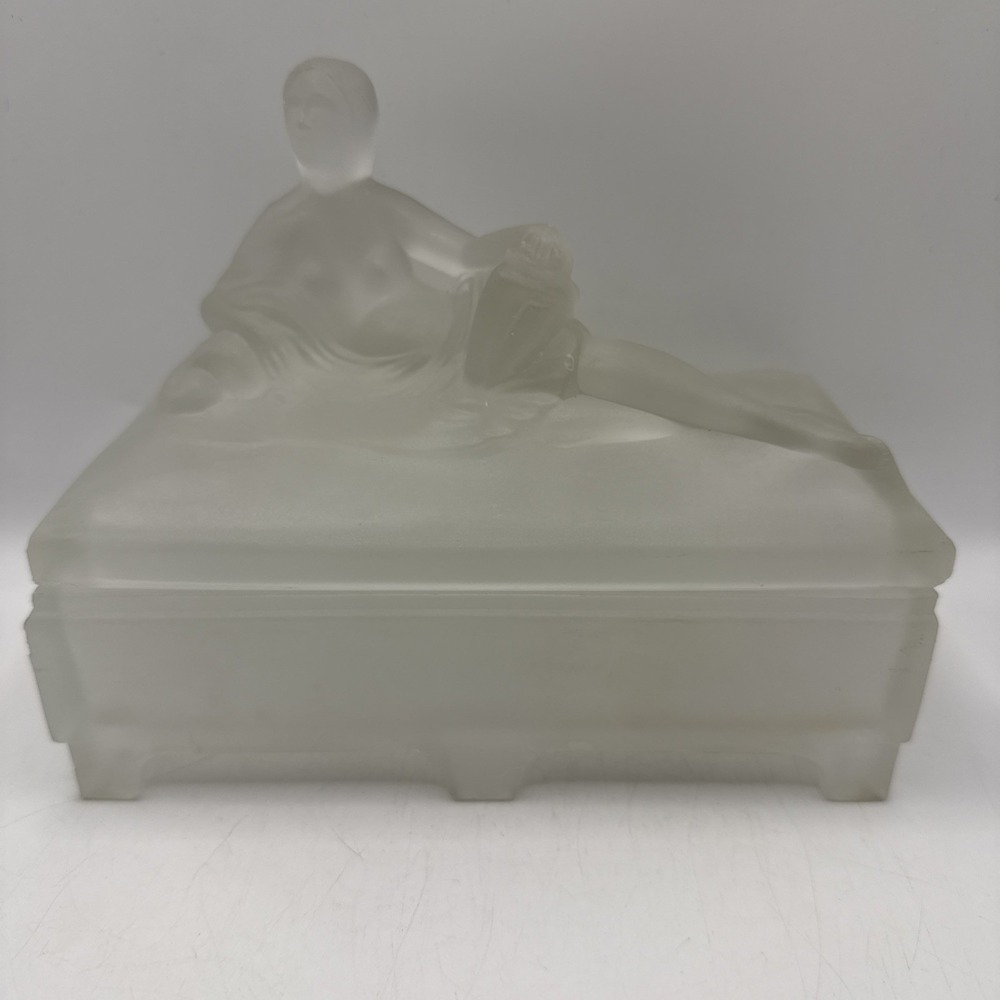 Art Deco Frosted White Glass Box W/ Nude Women Trinket Dish Jewelry Dresser RARE